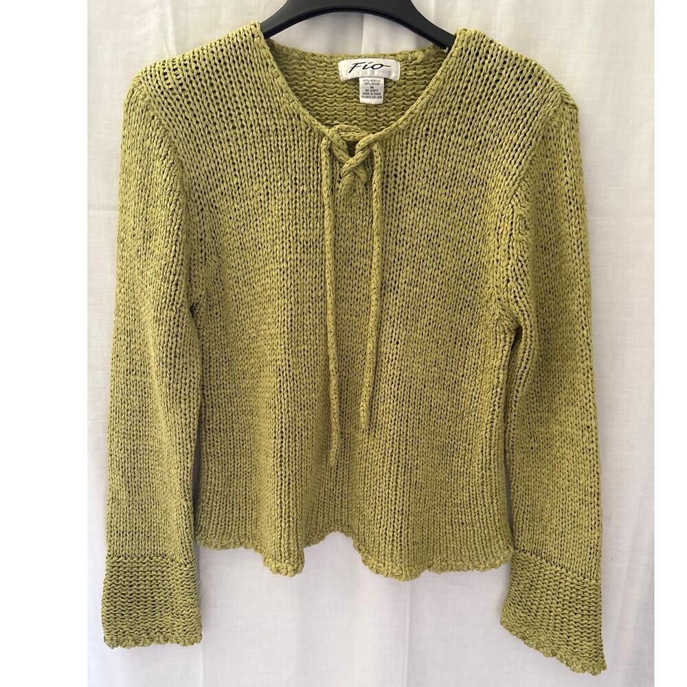 Fio Garter Stitch Tie Front Knit Sweater Green Size medium Cozy Earth 90s